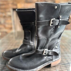 Black Leather Moto Buckle Boots